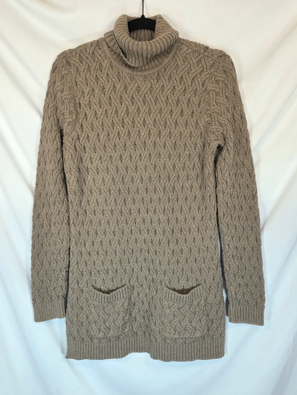 Jeanne Pierre Womens M Cable Knit Tunic Sweater Beige Turtleneck Cabincore Cozy